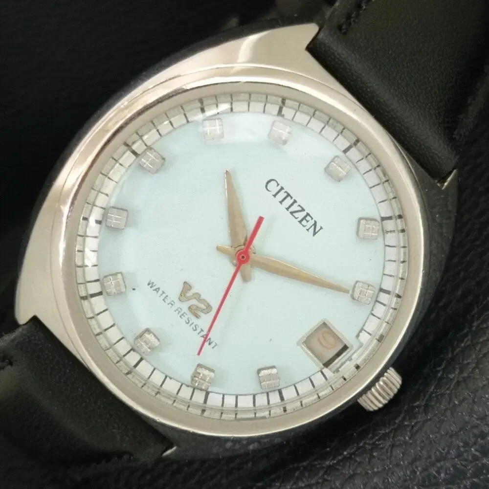 Vintage 1981 Citizen Manual Wound Mens Silver Watch W/Date & Red accents